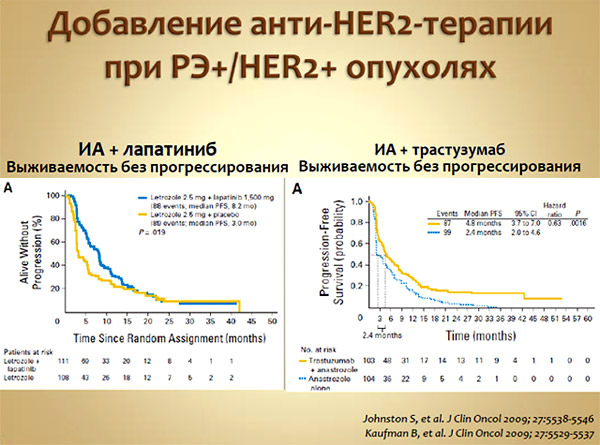 Добавление анти-HER2 терапии при РЭ+/HER2+ опухолях